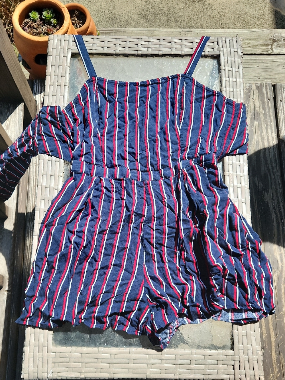 Hollister Navy Striped Romper with Red & White Accents